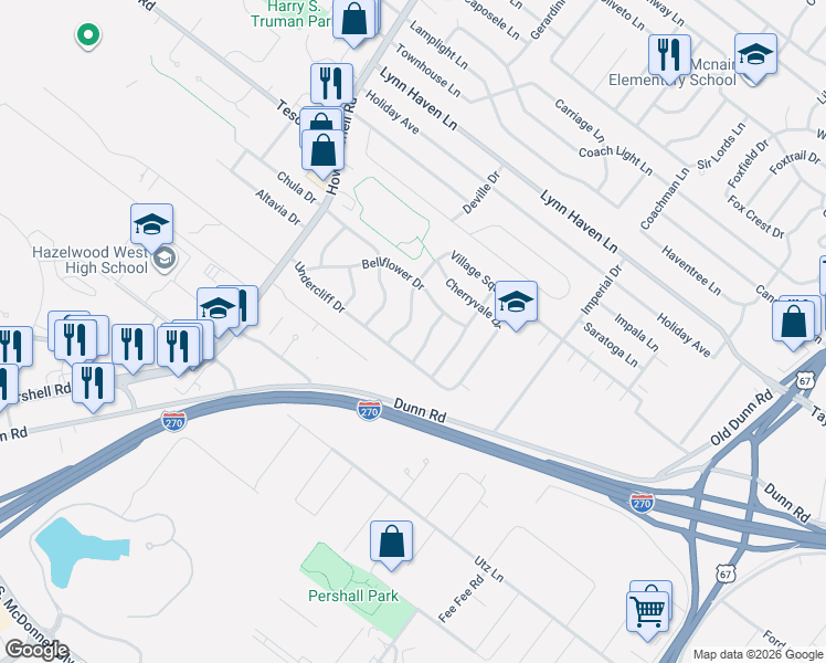 map of restaurants, bars, coffee shops, grocery stores, and more near 6708 Village Square Drive in Hazelwood