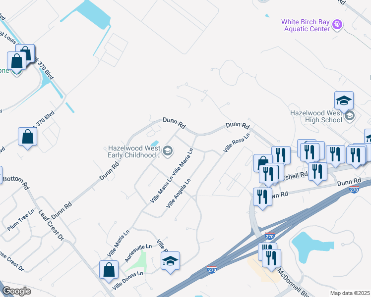 map of restaurants, bars, coffee shops, grocery stores, and more near 1608 Ville Gloria Lane in Hazelwood
