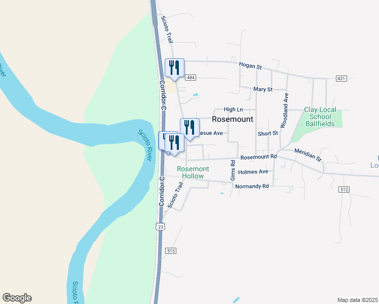 map of restaurants, bars, coffee shops, grocery stores, and more near 4418 Scioto Trail in Portsmouth