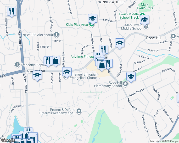 map of restaurants, bars, coffee shops, grocery stores, and more near 6123 Guilford Drive in Alexandria