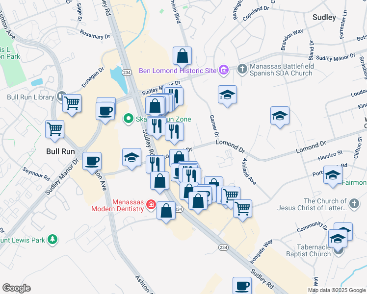 map of restaurants, bars, coffee shops, grocery stores, and more near 7949 Brighton Way in Manassas