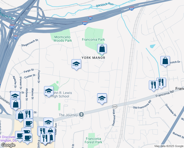 map of restaurants, bars, coffee shops, grocery stores, and more near 6413 Meriwether Lane in Springfield