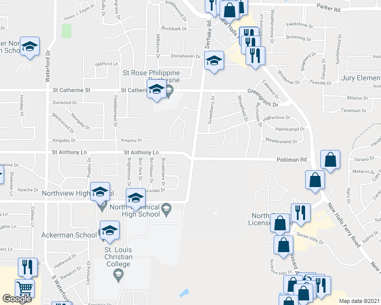 map of restaurants, bars, coffee shops, grocery stores, and more near 2205 Derhake Road in Florissant