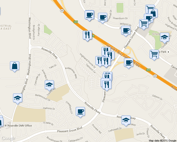 map of restaurants, bars, coffee shops, grocery stores, and more near 115 Talmont Circle in Roseville
