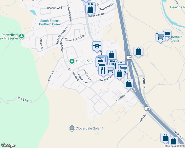 map of restaurants, bars, coffee shops, grocery stores, and more near 142 Treadway Ct in Cloverdale