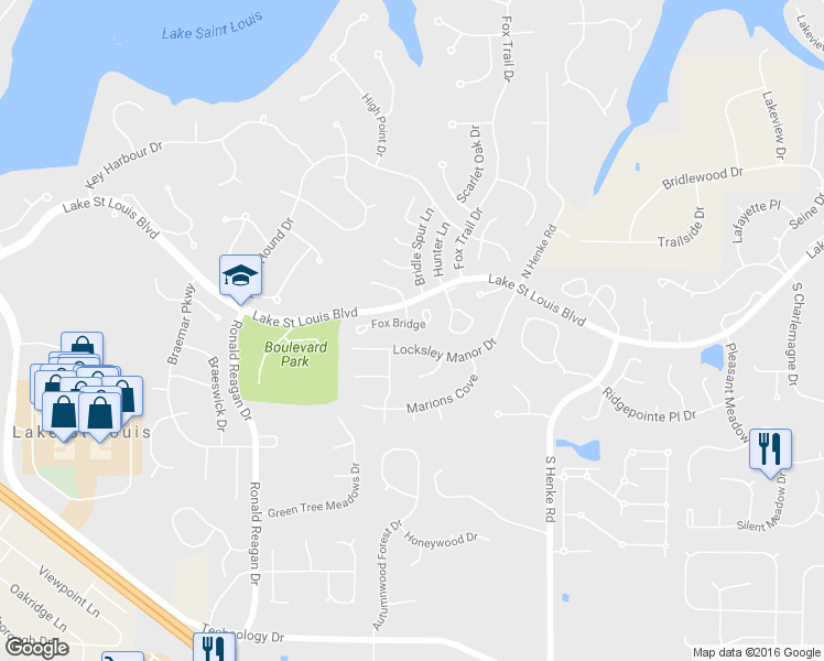 map of restaurants, bars, coffee shops, grocery stores, and more near 2474 Fox Bridge in Lake Saint Louis