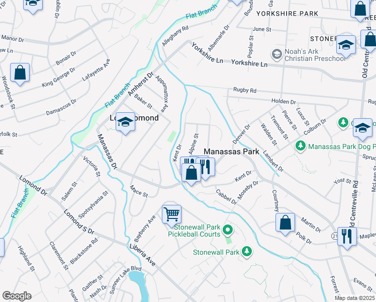 map of restaurants, bars, coffee shops, grocery stores, and more near 109 Alpine Street in Manassas Park