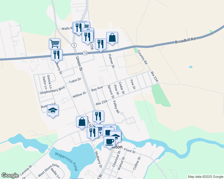 map of restaurants, bars, coffee shops, grocery stores, and more near 411 Spruce Street in Milton