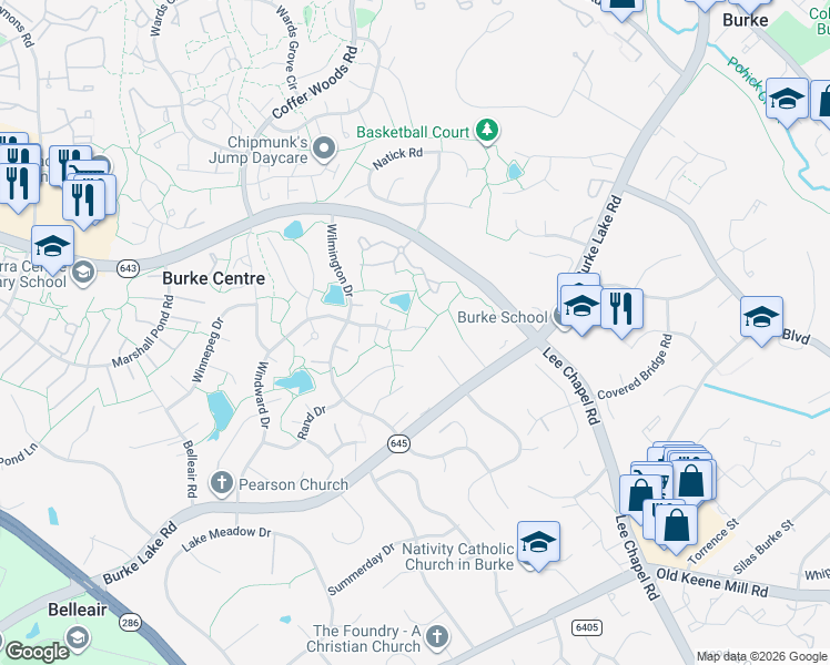 map of restaurants, bars, coffee shops, grocery stores, and more near 6005 Windward Drive in Burke