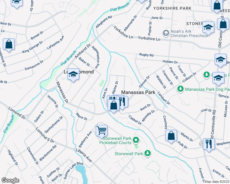 map of restaurants, bars, coffee shops, grocery stores, and more near 106 Alpine Street in Manassas Park