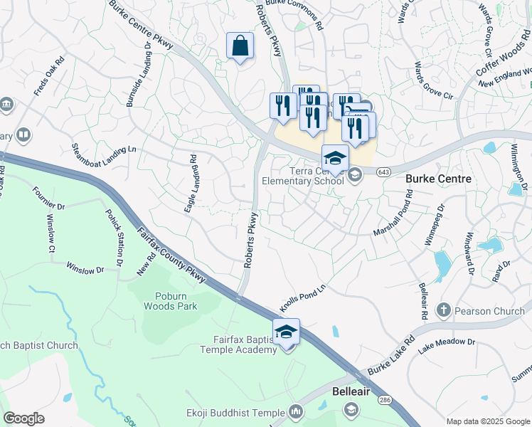map of restaurants, bars, coffee shops, grocery stores, and more near 10316 Mockingbird Pond Court in Burke