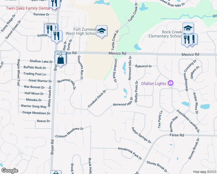 map of restaurants, bars, coffee shops, grocery stores, and more near 1399 Crooked Stick Drive in O'Fallon