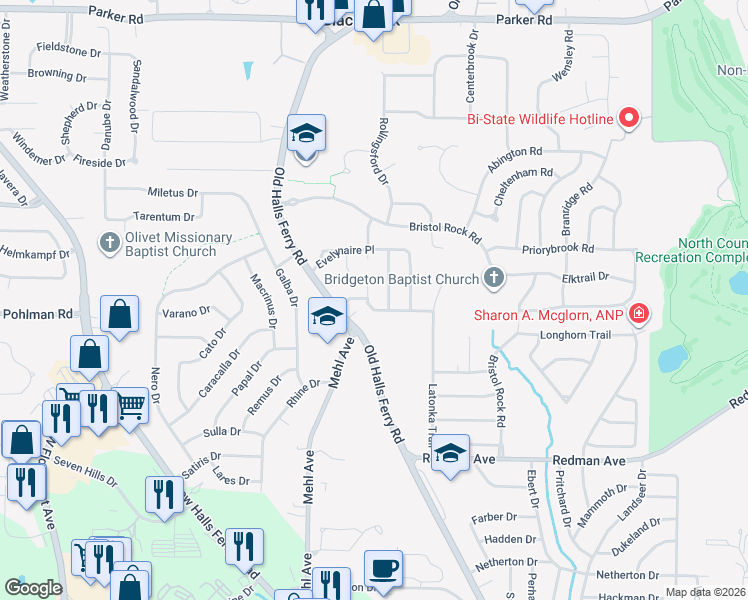 map of restaurants, bars, coffee shops, grocery stores, and more near 11610 Carolview Drive in Florissant