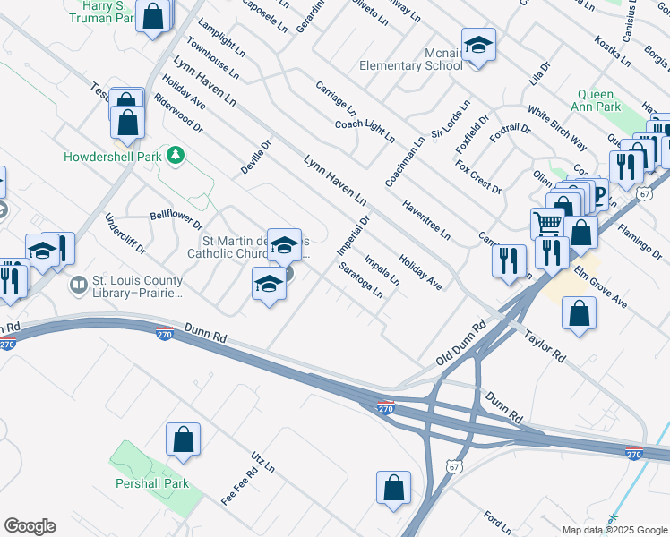 map of restaurants, bars, coffee shops, grocery stores, and more near 526 Saratoga Lane in Hazelwood