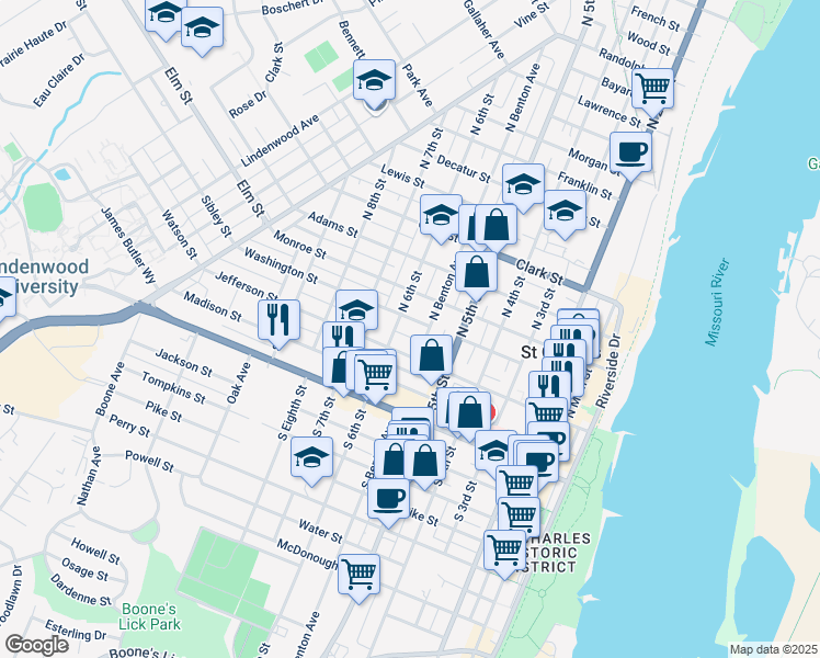 map of restaurants, bars, coffee shops, grocery stores, and more near 557 Washington Street in Saint Charles