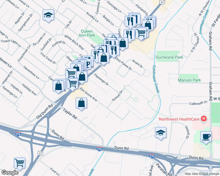 map of restaurants, bars, coffee shops, grocery stores, and more near 30 Flamingo Drive in Hazelwood