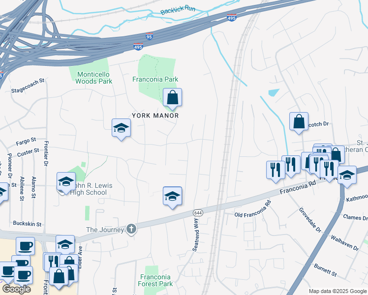 map of restaurants, bars, coffee shops, grocery stores, and more near 6345 Meriwether Lane in Springfield