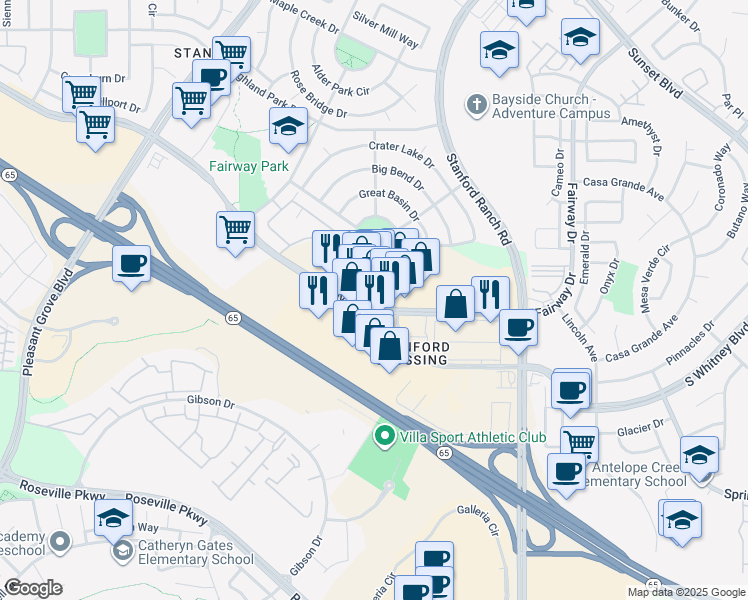 map of restaurants, bars, coffee shops, grocery stores, and more near 9660 Fairway Drive in Roseville