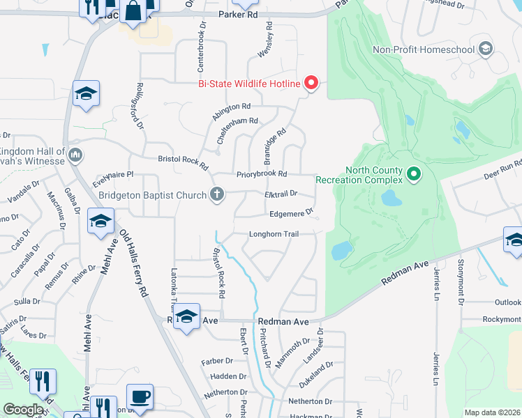 map of restaurants, bars, coffee shops, grocery stores, and more near 5189 Edgemere Drive in Florissant
