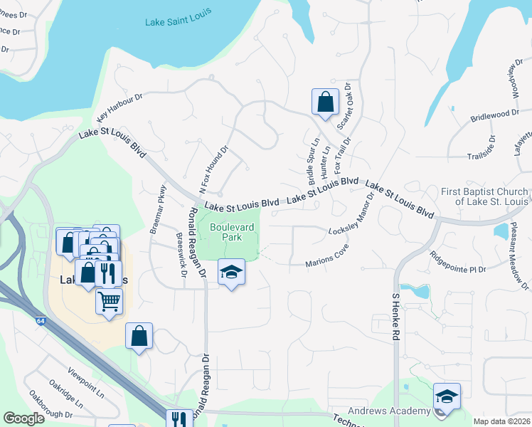 map of restaurants, bars, coffee shops, grocery stores, and more near 2515 Fox Bridge in Lake Saint Louis
