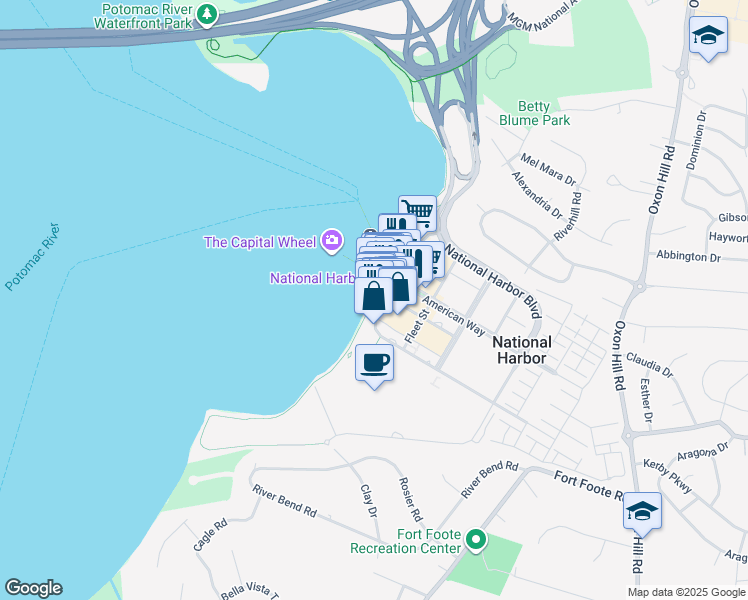 map of restaurants, bars, coffee shops, grocery stores, and more near 171 Waterfront Street in Fort Washington