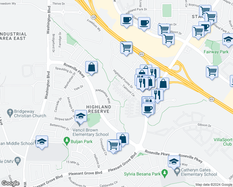 map of restaurants, bars, coffee shops, grocery stores, and more near 189 Talmont Circle in Roseville