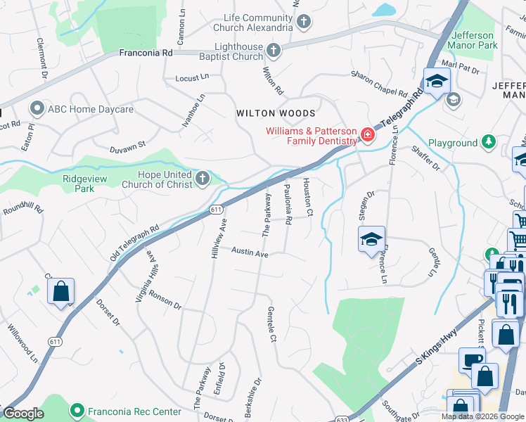 map of restaurants, bars, coffee shops, grocery stores, and more near 6112 The Parkway in Alexandria