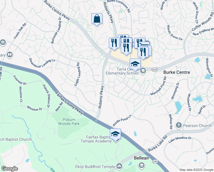 map of restaurants, bars, coffee shops, grocery stores, and more near 10316 Mockingbird Pond Court in Burke