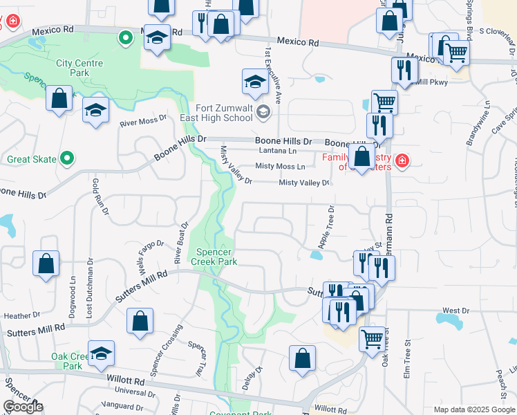 map of restaurants, bars, coffee shops, grocery stores, and more near 113 Plum Tree Drive in St. Peters