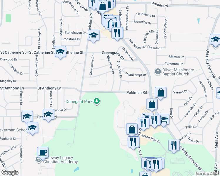 map of restaurants, bars, coffee shops, grocery stores, and more near 2215 Wheatfield Dr in Florissant