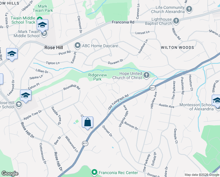 map of restaurants, bars, coffee shops, grocery stores, and more near 6102 Mulberry Court in Alexandria
