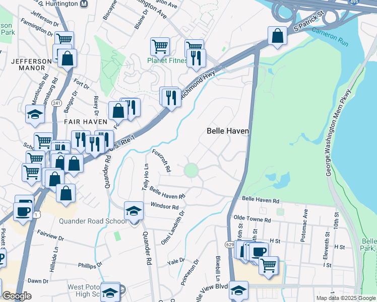 map of restaurants, bars, coffee shops, grocery stores, and more near 6128 Edgewood Terrace in Alexandria
