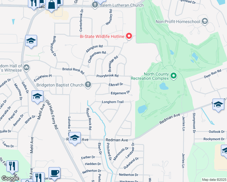 map of restaurants, bars, coffee shops, grocery stores, and more near 5207 Edgemere Drive in Florissant