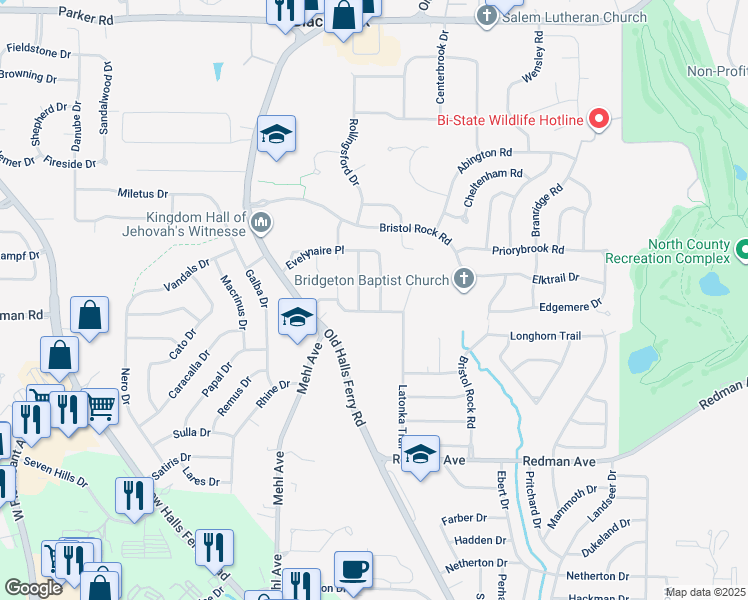 map of restaurants, bars, coffee shops, grocery stores, and more near 11615 Helenoak Dr in Florissant