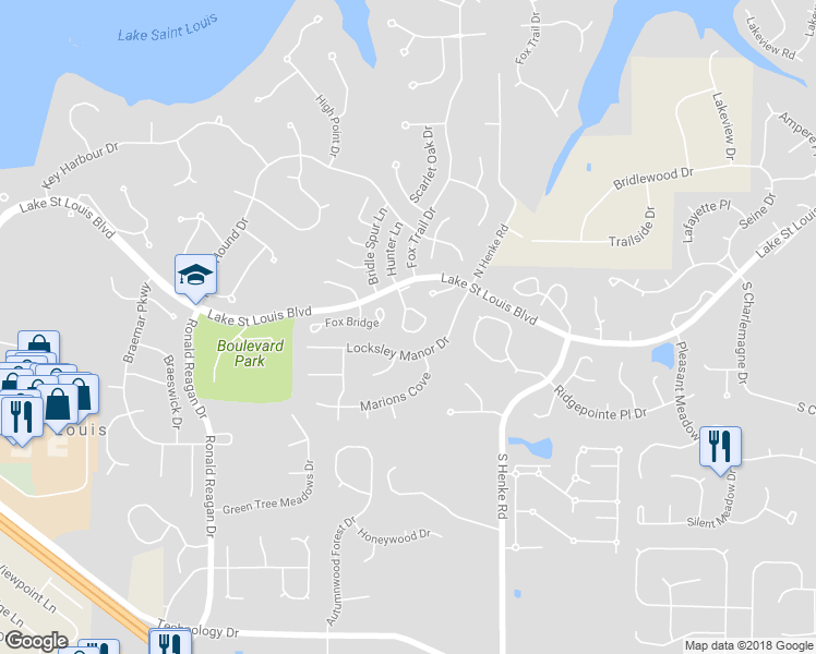 map of restaurants, bars, coffee shops, grocery stores, and more near 1120 Hunter Court in Lake Saint Louis