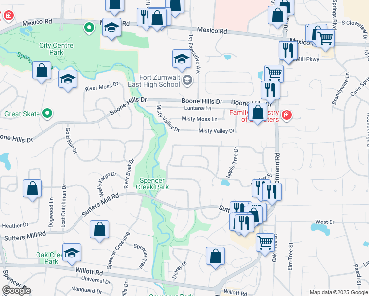 map of restaurants, bars, coffee shops, grocery stores, and more near 113 Plum Tree Drive in St. Peters