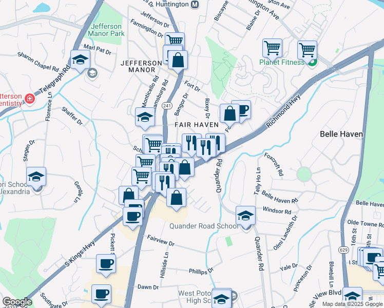 map of restaurants, bars, coffee shops, grocery stores, and more near 2504 Jamaica Drive in Alexandria