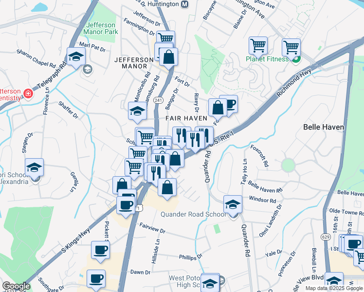 map of restaurants, bars, coffee shops, grocery stores, and more near 2504 Jamaica Drive in Alexandria