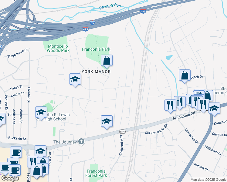 map of restaurants, bars, coffee shops, grocery stores, and more near 6345 Meriwether Lane in Springfield