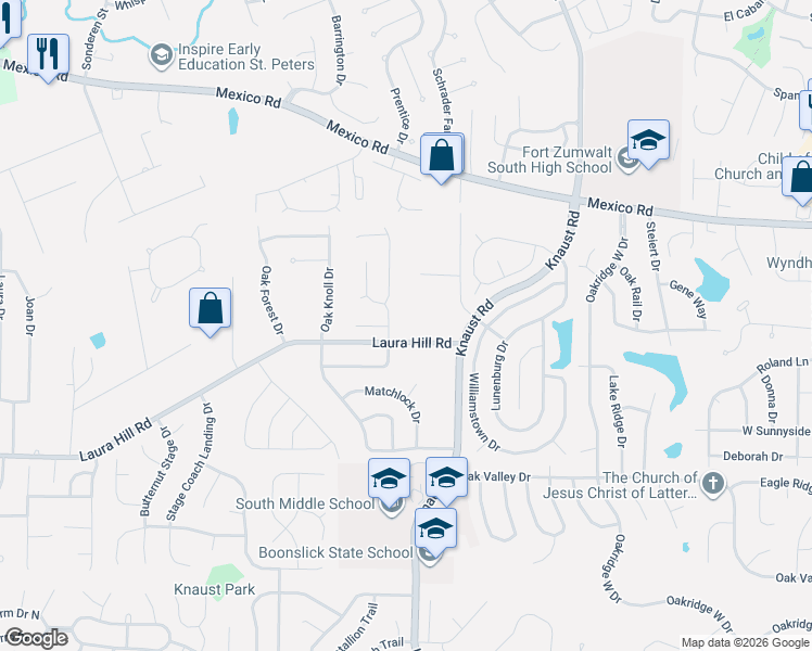 map of restaurants, bars, coffee shops, grocery stores, and more near 8 Laura Hill Road in St. Peters