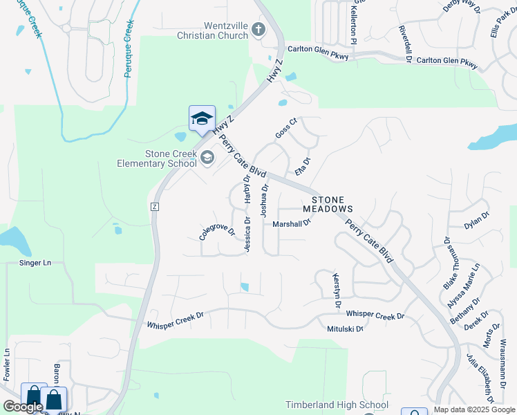 map of restaurants, bars, coffee shops, grocery stores, and more near 5015 Joshua Drive in Wentzville