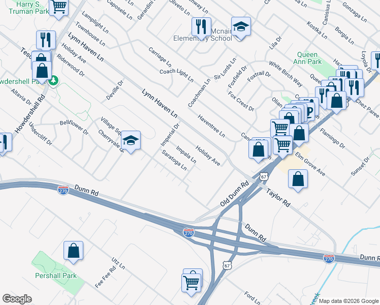 map of restaurants, bars, coffee shops, grocery stores, and more near 507 Impala Lane in Hazelwood