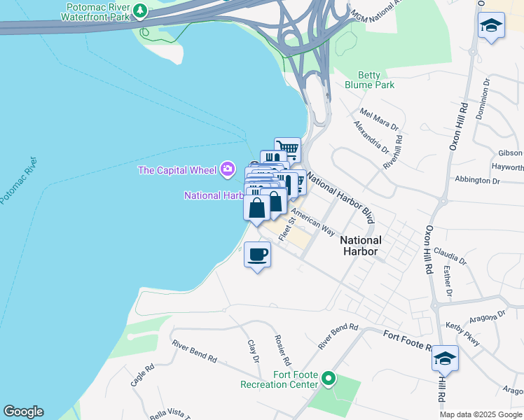 map of restaurants, bars, coffee shops, grocery stores, and more near 167 Waterfront Street in Oxon Hill