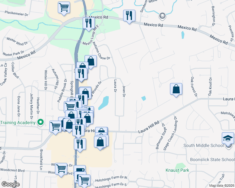 map of restaurants, bars, coffee shops, grocery stores, and more near 30 Laura Drive in O'Fallon