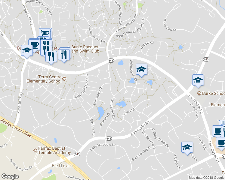 map of restaurants, bars, coffee shops, grocery stores, and more near 6127 Wicklow Drive in Burke