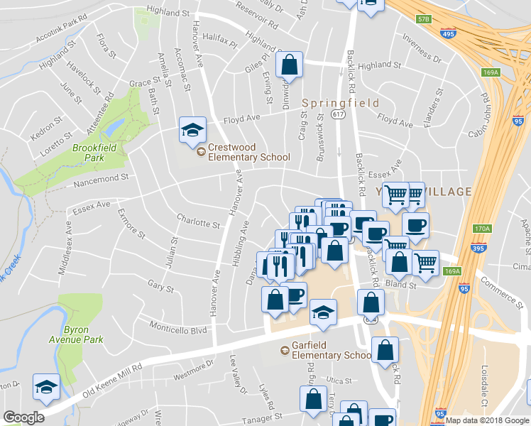 map of restaurants, bars, coffee shops, grocery stores, and more near 7207 Doncaster Street in Springfield