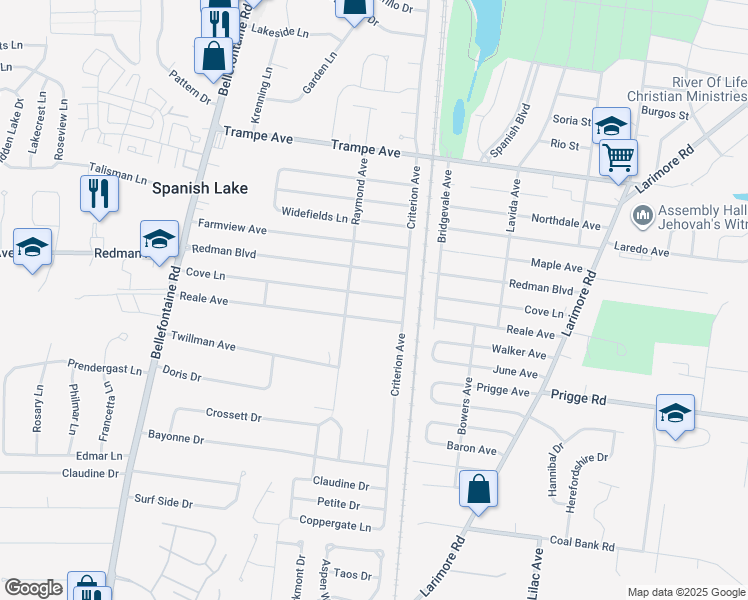 map of restaurants, bars, coffee shops, grocery stores, and more near 1376 Cove Lane in St. Louis