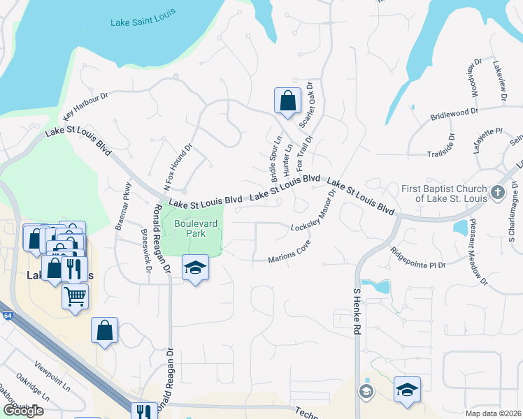map of restaurants, bars, coffee shops, grocery stores, and more near 2474 Fox Bridge in Lake Saint Louis