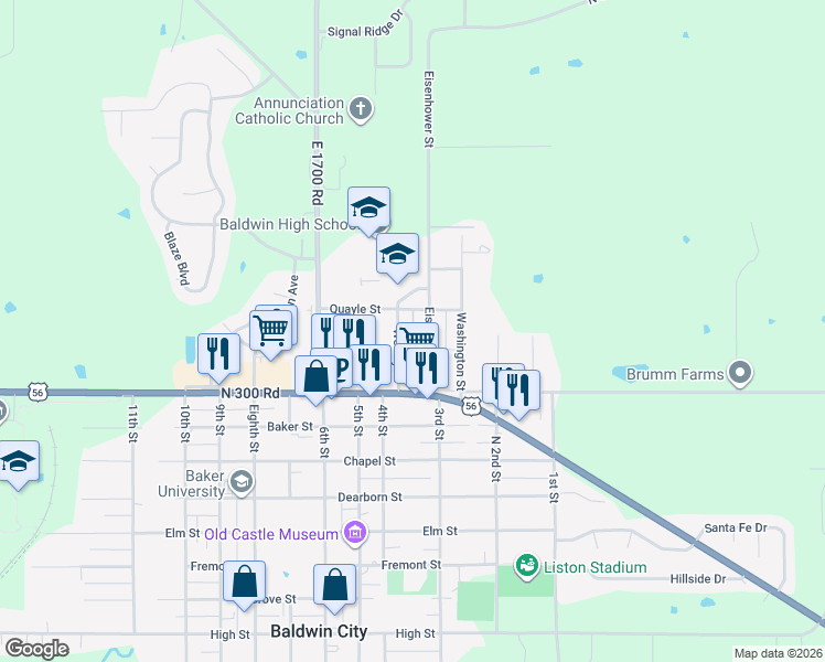 map of restaurants, bars, coffee shops, grocery stores, and more near Eisenhower St in Baldwin City