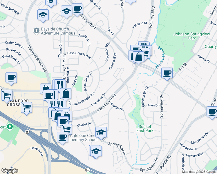map of restaurants, bars, coffee shops, grocery stores, and more near 2537 Pinnacles Drive in Rocklin